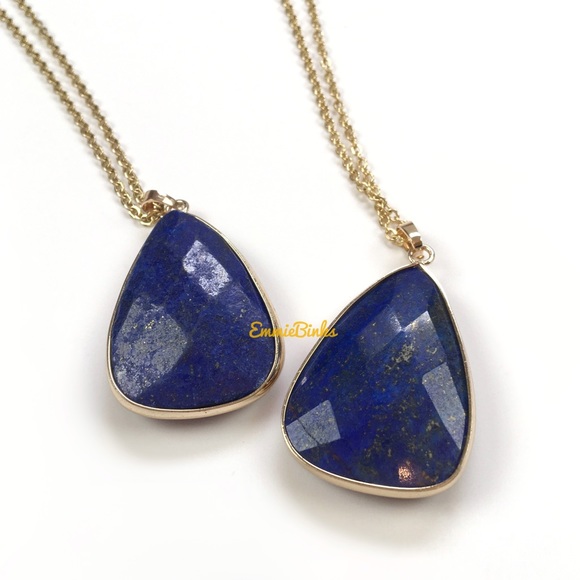 New Faceted Genuine Lapis Lazuli Triangular Pendant Necklace ~ Gold Plated Stone - Picture 7 of 11